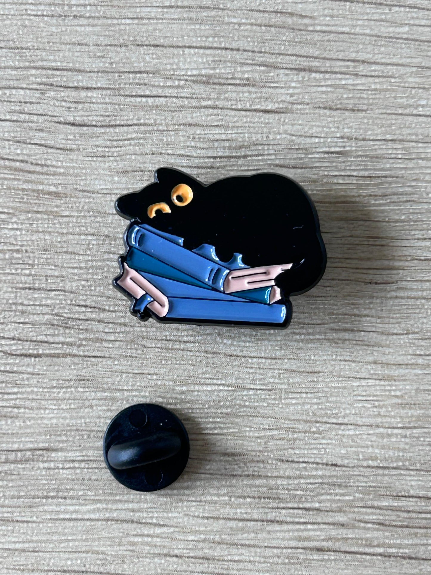 Pin chat noir et livres bleus avec pastille noire au dos.