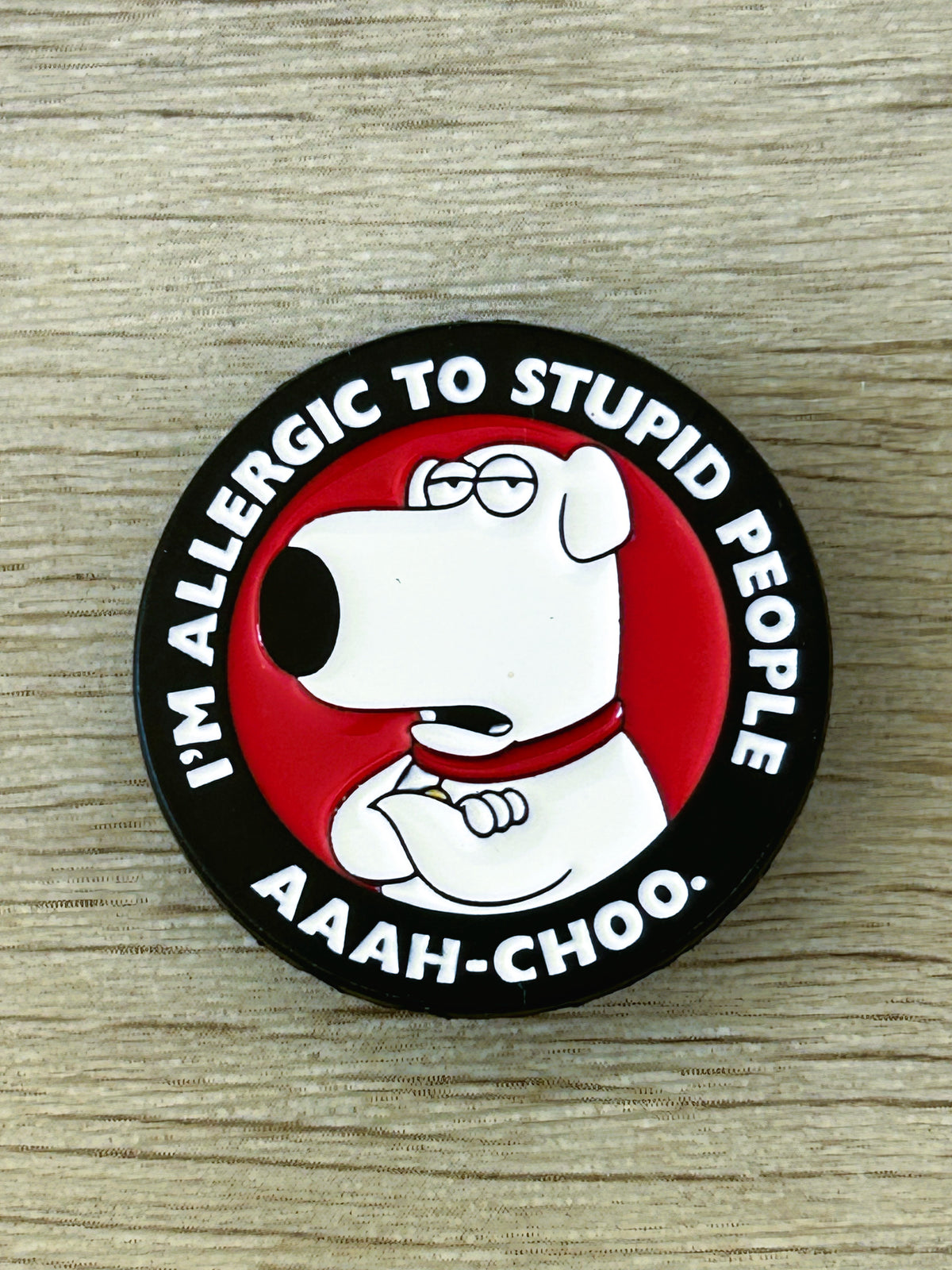Broche ronde noire avec chien blanc et texte « I'M ALLERGIC TO STUPID PEOPLE »