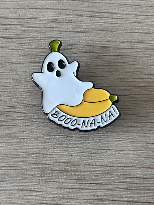 Épingle fantôme blanc vert et jaune, inscription « BOOO-NA-NA »