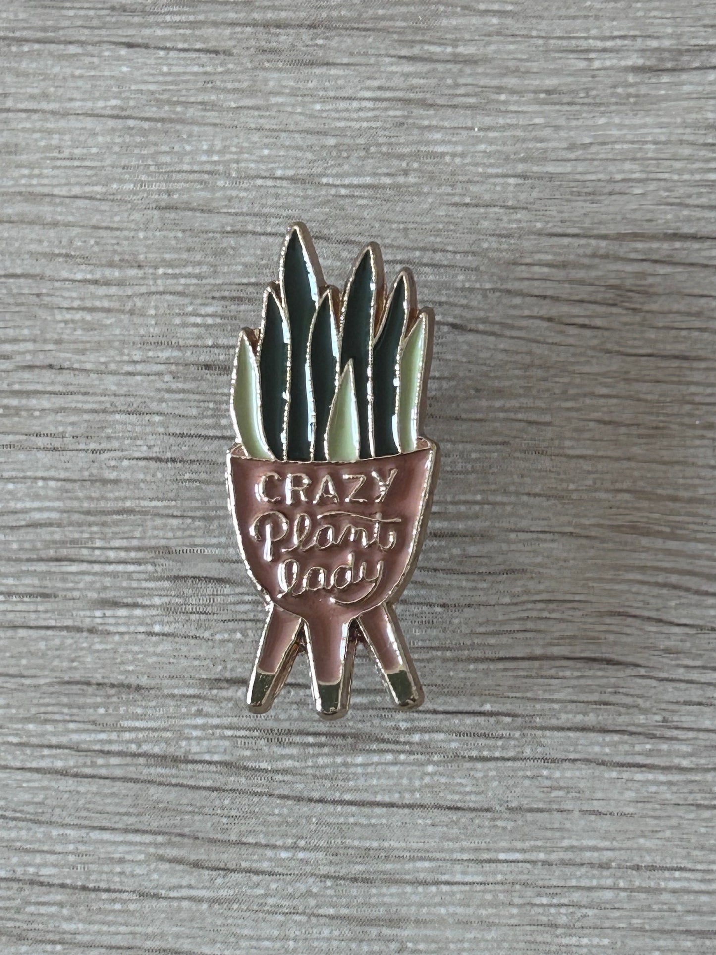 Pin's Crazy Plant Lady avec plante en pot sur fond en bois